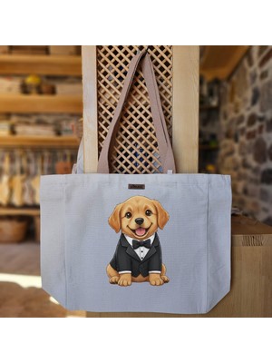 Bumudur Aksesuar Şık Tuxedo ile Gülümseyen Yavru Köpek Baskılı Naturel Kanvas Bez Çanta Açık Kahve Sap Beyaz Cırt Cırtlı Suluk Tutuculu - Büyük