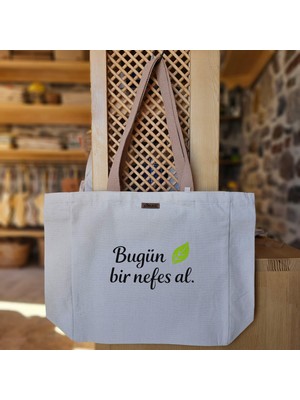 Bumudur Aksesuar Naturel Kanvas Bez Çanta - Yeşil Yaprak ve Slogan - Büyük