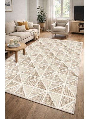 Lioara Home Modern Geometrik Desenli Bej Halı | Iskandinav Stil Kaymaz Taban Salon & Yatak Odası Halısı
