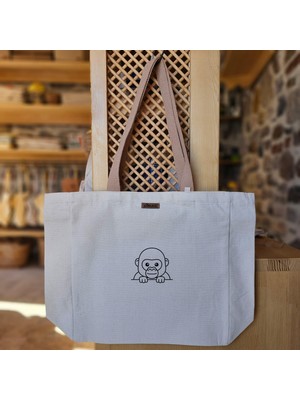 Bumudur Aksesuar Sevimli Maymun Tasarımı Cute Monkey Design Baskılı Naturel Kanvas Bez Çanta Açık Kahve Sap Beyaz Cırt Cırtlı Suluk Tutuculu - Küçük