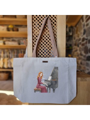 Bumudur Aksesuar Piyano Başında Melodi Melody At The Piano Baskılı Naturel Kanvas Bez Çanta Açık Kahve Sap Beyaz Cırt Cırtlı Suluk Tutuculu - Büyük