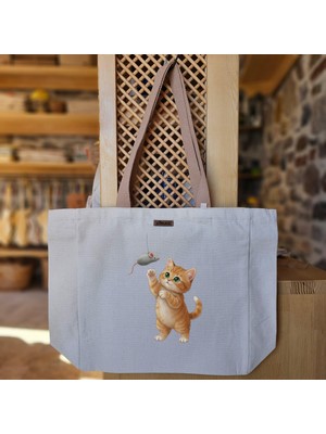 Bumudur Aksesuar Oynamak Isteyen Sevimli Kedi Playful Cat Baskılı Naturel Kanvas Bez Çanta Açık Kahve Sap Beyaz Cırt Cırtlı Suluk Tutuculu - Büyük