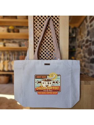 Bumudur Aksesuar Dada Kahve Retro Coffee Shop Sign Baskılı Naturel Kanvas Bez Çanta Açık Sap Beyaz Cırt Cırtlı Suluk Tutuculu - Büyük
