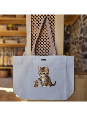 Bumudur Aksesuar Sevimli Kedi ve Fare Dostluğu Cute Cat And Mouse Friendship Baskılı Naturel Kanvas Bez Çanta Açık Kahve Sap Beyaz Cırt Cırtlı Suluk Tutuculu - Büyük