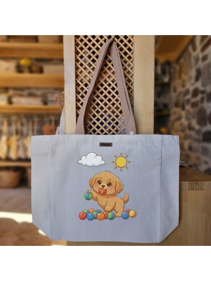 Bumudur Aksesuar Neşeli Yavru Köpek ve Renkli Toplar Happy Puppy And Colorful Balls Baskılı Naturel Kanvas Bez Çanta Açık Kahve Sap Beyaz Cırt Cırtlı Suluk Tutuculu - Büyük