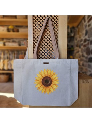 Bumudur Aksesuar Günebakan Çiçeği Deseni Sunflower Design Baskılı Naturel Kanvas Bez Çanta Açık Kahve Sap Beyaz Cırt Cırtlı Suluk Tutuculu - Büyük