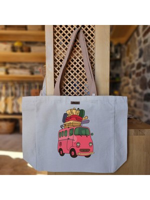 Bumudur Aksesuar Renkli Seyahat Aracı Colorful Travel Vehicle Baskılı Naturel Kanvas Bez Çanta Açık Kahve Sap Beyaz Cırt Cırtlı Suluk Tutuculu - Büyük