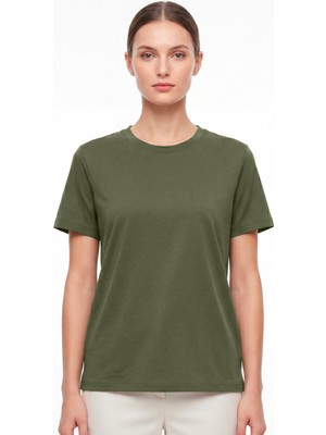 goffra Kadın Vision Bisiklet Yaka Premium Kalite Yoğun Dokulu Pamuklu T-Shirt Haki W101-R0220-05