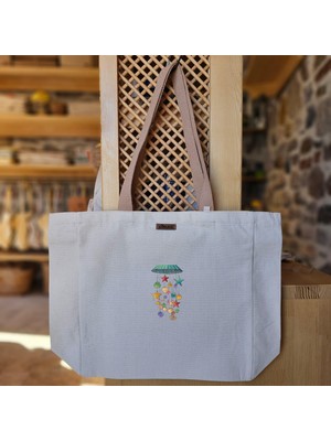 Bumudur Aksesuar Renkli Deniz Yıldızları ve Kabuklar Baskılı Naturel Kanvas Bez Çanta Açık Kahve Sap Beyaz Cırt Cırtlı Suluk Tutuculu - Küçük