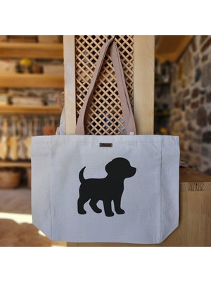 Bumudur Aksesuar Sevimli Köpek Silueti Cute Dog Silhouette Baskılı Naturel Kanvas Bez Çanta Açık Kahve Sap Beyaz Cırt Cırtlı Suluk Tutuculu - Büyük