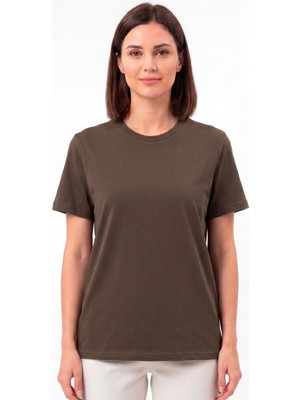 goffra Kadın Vision Bisiklet Yaka Premium Kalite Yoğun Dokulu Pamuklu T-Shirt Kahverengi W101-R0220-06