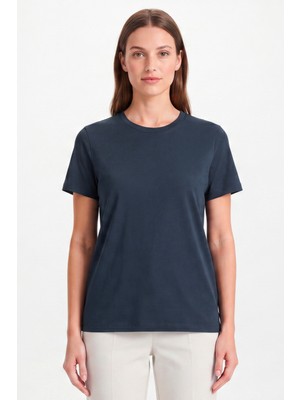 goffra Kadın Vision Bisiklet Yaka Premium Kalite Yoğun Dokulu Pamuklu T-Shirt Lacivert W101-R0220-07