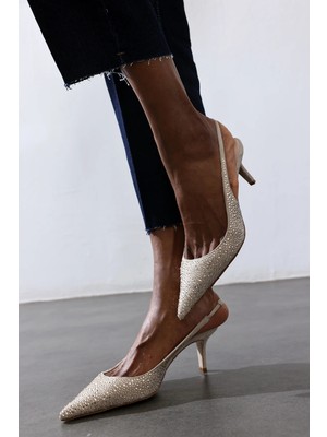 5in1Canpolat Bej Taşlı Sivri Burun Slingback 26014