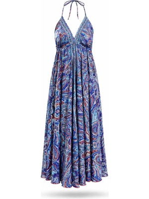 5in1Canpolat Indigo Şal Desenli Maxi Boy Elbise 39619