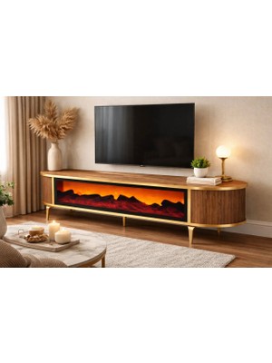 Tv Ünitesi Şömineli Ceviz Renk Gold Ayak Bluetooth ve Hoparlörlü 3 Renkkumandalı 180CM