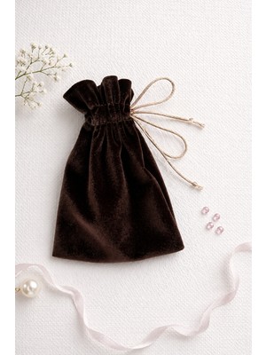 Buem Shop Carvela Kadife Hediyelik Kese 10X15 cm Kahverengi Floş Ipli Takı ve Hediye Kesesi