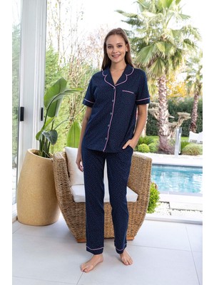 Aydoğan Lodos Store Kadın Önden Düğmeli Kısa Kollu Süprem Pamuklu Pijama Takımı