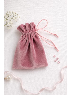Buem Shop Rosira Kadife Hediyelik Kese 10X15 cm Pudra Pembe Floş Ipli Takı ve Hediye Kesesi