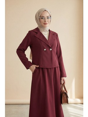 Moda Morfo Önü Çift Düğmeli Kruvaze Yaka Ceket Etek Double Krep Takım   -Bordo