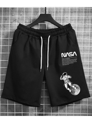Punix Punıx Büyük Beden Nasa Astranot Ay Baskılı Pamuk Dokuma Yazlık Battal Erkek Bermuda Şort