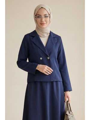 Moda Morfo Önü Çift Düğmeli Kruvaze Yaka Ceket Etek Double Krep Takım   -Laci