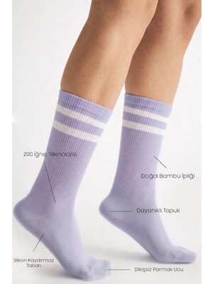 Bamboo Star Bambu Kadın Mor Kaydırmaz Taban Silikon Baskı Yoga Fitness Pilates Bale Dans Tenis Çorabı