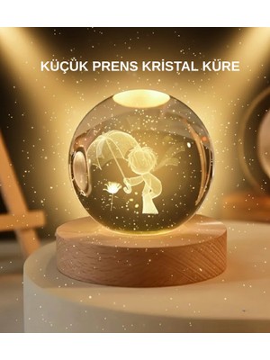 Motto Ticaret USB LED 3D Küçük Prens Kristal Küre Ahşap Standlı Gece Lambası
