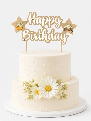Liya3D Happy Birthday Pasta Süsü Çiçekli Gold Beyaz Pasta Üstü Süs Doğum Günü Dekoru