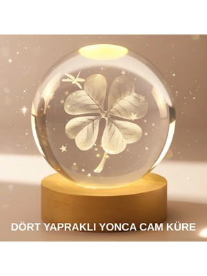 Motto Ticaret Bitki Temalı LED Işıklı Cam Küre Ahşap Standlı Modern Gece Lambası