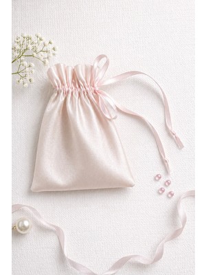 Buem Shop Roselia Tafta Hediyelik Kese 10X15 cm Pudra Pembe Saten Kurdela Ipli Takı Kesesi