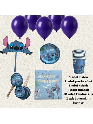 Liya3D Stitch Konsept Doğum Günü Parti Seti – 1 Pasta Süsü 5 Balon 6 Bardak 6 Tabak Banner 10 Kürdan Süs