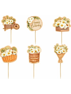 Liya3D 6’lı Papatya Temalı Pasta Süsü Happy Birthday Çiçekli Pasta Üstü Süs Seti Doğum Günü Dekoru