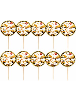 Liya3D 10’lu Inşaat Temalı Pasta Kürdanı Iş Makinesi Cupcake Süsü Kepçe Kamyon Doğum Günü Süsü