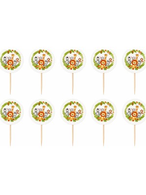 Liya3D Safari Temalı Pasta Kürdanı 10’lu Set – Sevimli Hayvan Figürlü Cupcake Süsü – Doğum Günü Parti