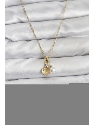 Motto Ticaret Mey Ithalat® 316L Çelik Zincir Gold Renk Deniz Kabuğu ve Deniz Yıldızı Model Zirkon Taşlı K