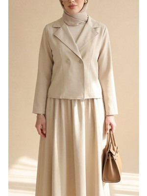 Moda Morfo Önü Çift Düğmeli Kruvaze Yaka Ceket Etek Double Krep Takım   -Bej