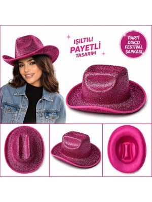 Motto Ticaret Mey Ithalat® Parlak Pembe Kovboy Şapka Kadın Erkek Parti Disco Festival Şapkası