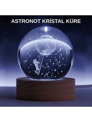 Motto Ticaret Mey Ithalat® Lazer Işlemeli 3D Astronot Kristal Küre LED Işıklı Uzay Temalı Gece Lambası