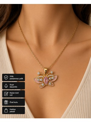 Herşey Nota Butterfly Kadın Kolye Altın Renk Paslanmaz Çelik Pembe Detaylı Hediye