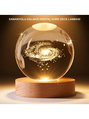 Motto Ticaret Mey Ithalat® USB Bağlantılı Samanyolu Galaksi Küre Ahşap Standlı 3D Işıklı Dekor Lambası
