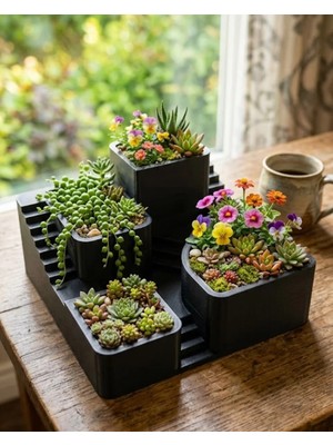 Motto Ticaret 3D Kaktüs Saksı Seti Çok Bölmeli Modern Dekoratif Masaüstü Bitki Standı