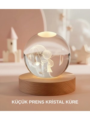 Epilons Küçük Prens Figürlü 3D Kristal Top Sıcak Işıklı USB Ahşap Tabanlı Dekor Lamba