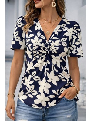 Mç Plus Kadın Kısa Kollu V Sarmal Yakalı Çiçek Desenli Süprem Bluz