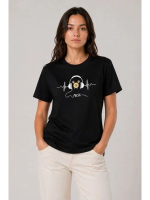 Buğrahayalin Müzik Temalı Baskılı Tişört Bisiklet Yaka Kısa Kol T-Shirt - Siyah