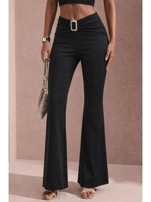 Runique Home Runiquehome Kadın Yüksek Bel Tokalı Ispanyol Paçalı Dalgıç Pantolon