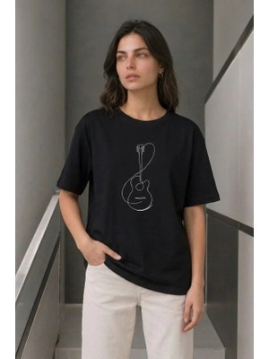 Gökyüzü Moda Minimal Gitar Baskılı Tişört T-Shirt Yazlık Kısa Kol Bisiklet Yaka T-Shirt - Siyah