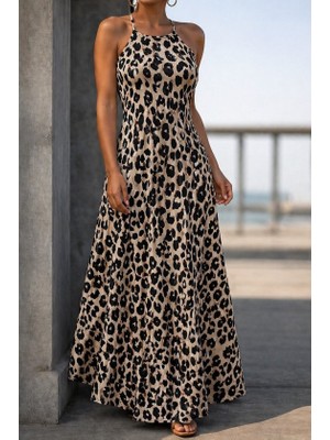 Deridün Yıldız Shoes Kadın Omuzlardan Açık Ip Askılı Desenli Uzun Süprem Elbise