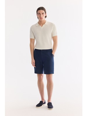 AVVA Erkek Lacivert Beli Lastikli %100 Keten Relaxed Fit Şort B003732