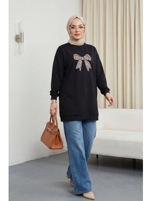 Moda Morfo Yuvarlak Yaka Fiyonk Baskılı Salaş Oyşo Tunik -Siyah
