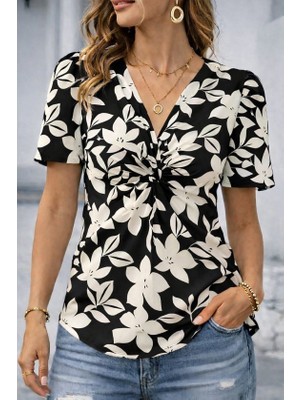 Mç Plus Kadın Kısa Kollu V Sarmal Yakalı Çiçek Desenli Süprem Bluz